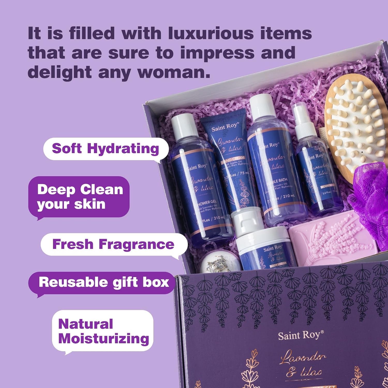 Bath and Body Gift Basket for Mother Day Gift, Gifts for Her Birthday Gifts for Women, Lavender Relaxing Spa Gifts Basket Set, Christmas Gifts for Women Unique Idea for Mom Her with Massage Body Rush