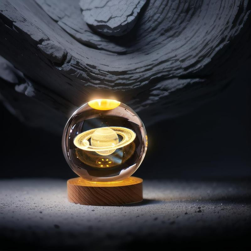 3D Saturn Crystal Ball Night Light with LED Stand, Saturn Planet Figurine Lamp Decoration Glass Sphere Paperweight Decorative Balls,Suitable as Night Lights Bedroom Decorations(2.4 In,60Mm)