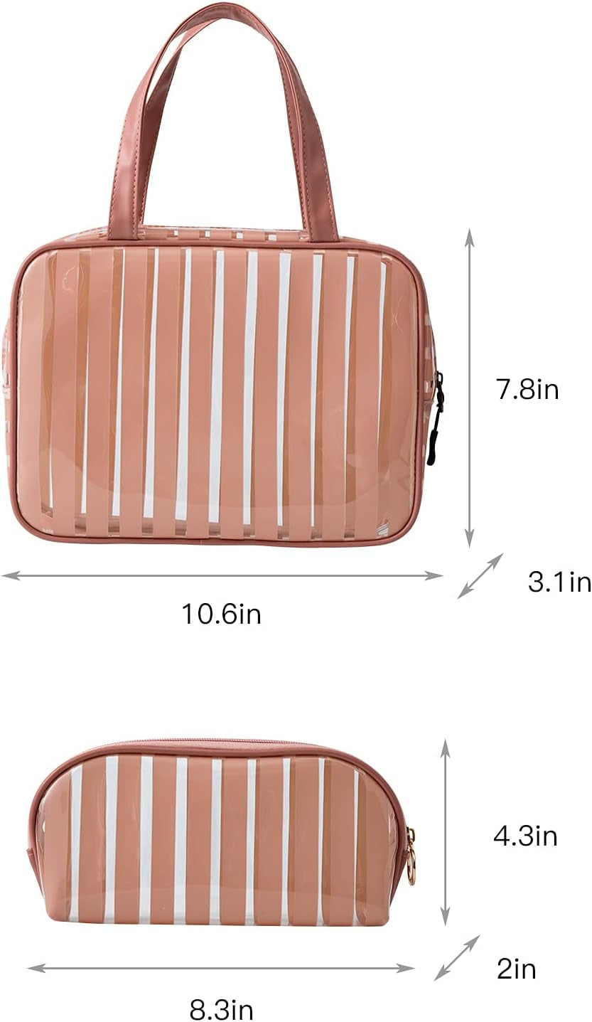 Clear Toiletry Bag Handle Travel Makeup Organizer Bag，Thick PVC Zippered Carry Pouch Waterproof Wash Bag Shoulder Bag Beach Bag (Pink)