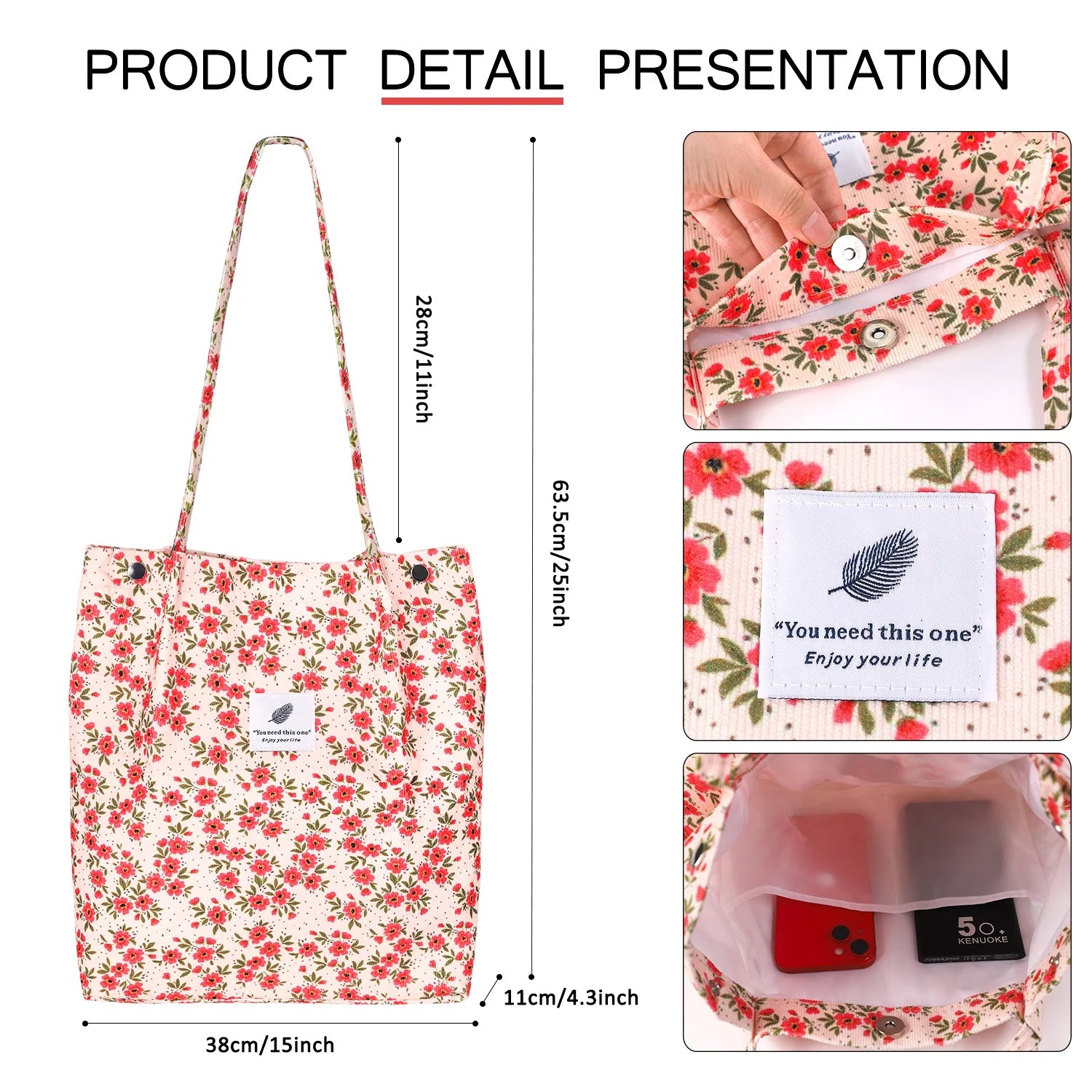 Corduroy Tote Bag with Inner Pocket, Large Canvas Shoulder Bag for Women and Girls