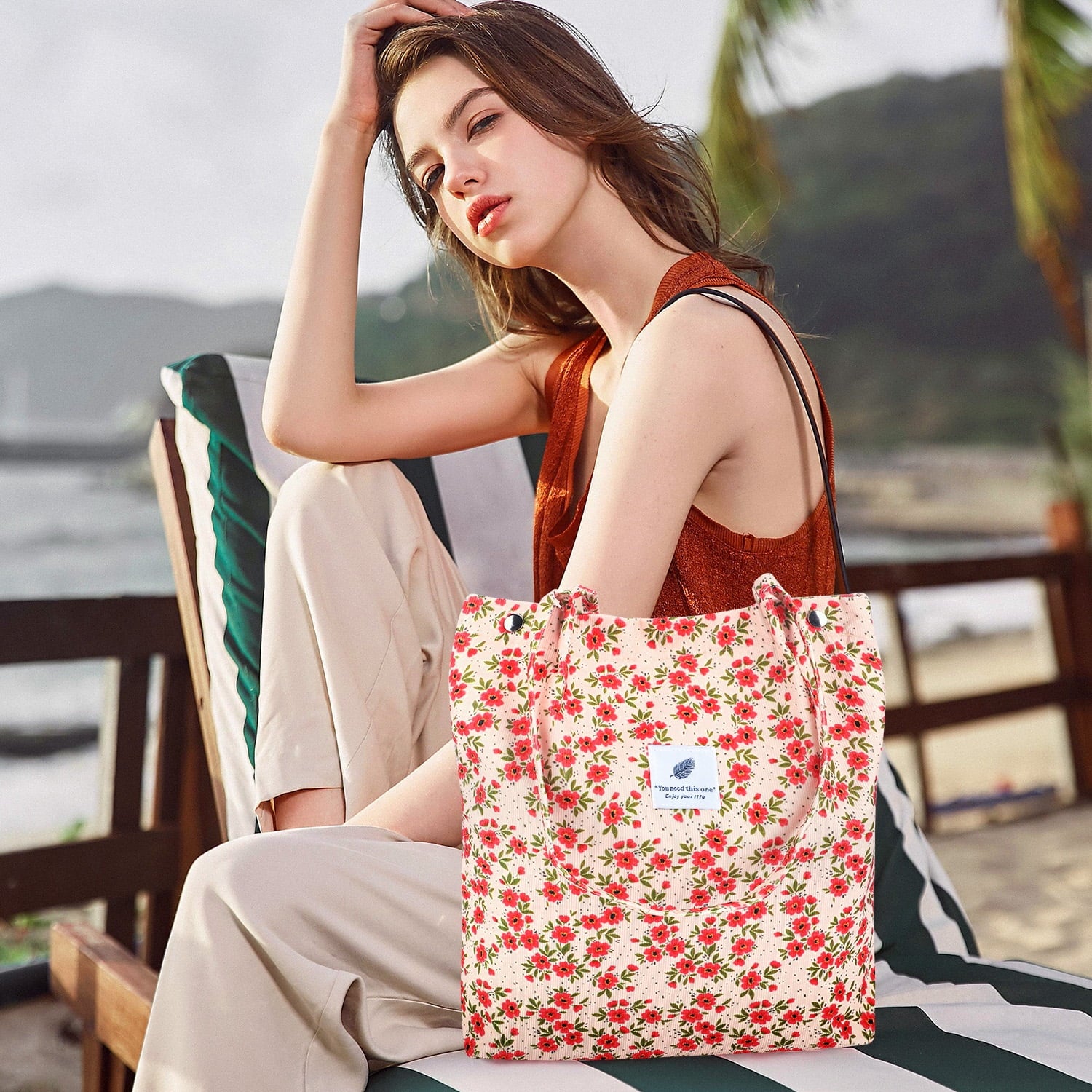 Corduroy Tote Bag with Inner Pocket, Large Canvas Shoulder Bag for Women and Girls